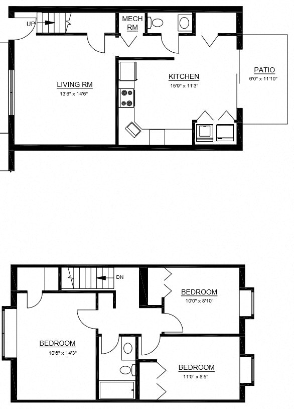 Floor plan for 3 beds, 1.5 baths, 1251 sqft